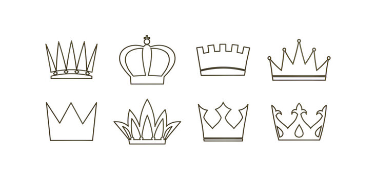 Collection of crown silhouette icons with royal luxury and elegant head wear design. Doodle king queen crown. Hand drawn logo set. Vector kingdom sketch concept, vector illustration.