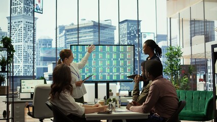 Fototapeta na wymiar Management team holding a strategy session with the staff, focusing on digital marketing trends, budget allocation and progress tracking to achieve goals and boost market presence. Camera B.