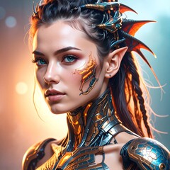 A woman with flowing, long hair stands gracefully in a vibrant orange dress, exuding confidence and warmth against a softly blurred outdoor backdrop.