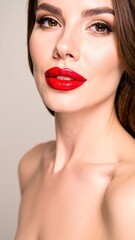 A stylish woman with vibrant red lipstick and flowing long brown hair, exuding confidence and elegance, stands against a softly blurred background.