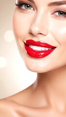 A confident woman smiles brightly, showcasing her striking red lipstick and radiant white teeth, exuding charm and elegance in a vibrant setting.