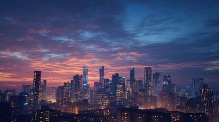 Fototapeta premium Stunning virtual skyline of a city at dusk with vibrant colors and distinct architecture