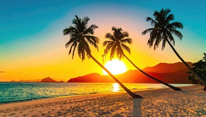 Scenic tropical sunset with leaning palm trees, silhouetted against a golden sky and ocean