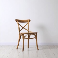 A rustic wooden chair with a natural finish rests atop a pristine white wood floor, highlighting the contrast between the earthy tones and the bright surface.