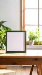 A rustic wooden table showcases an elegant empty picture frame, inviting creativity and personal touches, with warm tones enhancing the inviting atmosphere.