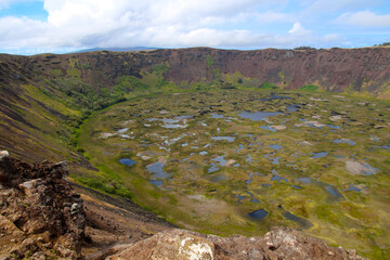 Panorama view of the Rano Kao volcano - an extinct shield volcano in the southwest of Easter Island - Rapa Nui, Chile, South America