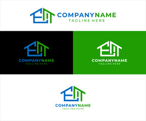 The logo design combines the letters em and house, using blue and green colors.