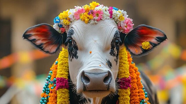 A close-up view of a cow wearing a floral crown