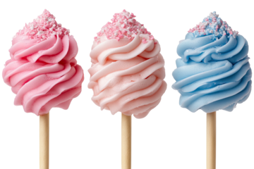 Three pastel swirled sweets on sticks, with sprinkles