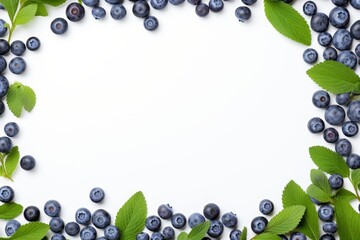 Fototapeta premium Fresh blueberries and green leaves arranged in a frame on a white background, creating a vibrant and healthy image