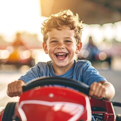 A cheerful young boy with bright eyes beams with joy as he confidently steers his colorful toy car down a sunny sidewalk, embracing playtime.