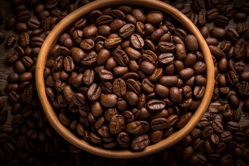 Fototapeta premium Roasted coffee beans are overflowing a wooden bowl placed on a rustic wooden table, creating a warm and inviting scene