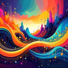 A vibrant abstract music background featuring swirling notes, colorful sound waves, and dynamic shapes that evoke rhythm and harmony in a lively composition.