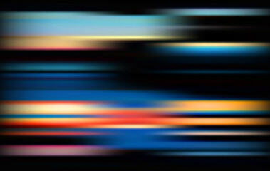 Abstract motion blur background with horizontal lines in blue, orange, and black colors creating a dynamic effect