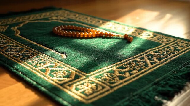 Golden Sunlight Illuminates a Sacred Green Prayer Rug and Tasbih Beads for Worship
