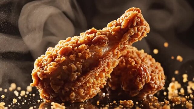 Crispy golden fried chicken drumsticks with steam rising, a delicious comfort food snack