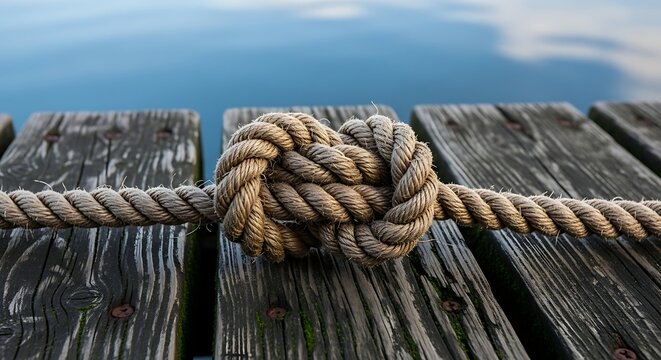 Rope Knot on Wooden Pier Nautical, Connection, Strength - Powered by Adobe