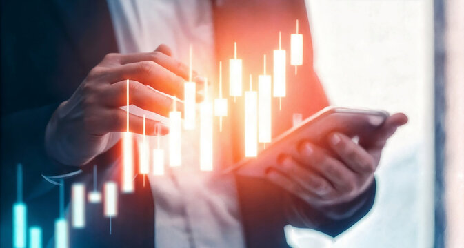 Businessperson analyzing financial graph with glowing chart interface, representing stock market, investment, data growth, and digital financial strategy concept - Powered by Adobe