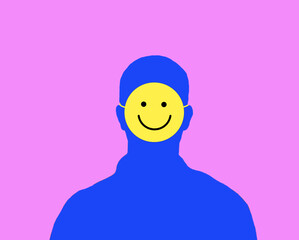 Abstract human silhouette with happy smiley mask illustrating wellbeing