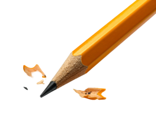 Close-up of a sharpened yellow writing tool with shavings on a stark black background