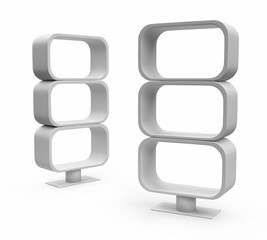 Modern Rounded Rectangular Display Shelf. Supermarket Promotional Display Rack. Empty Product Display. PDQ. Point Of Sale. Unique Style Floor Stand Display. 3D Render Illustration.