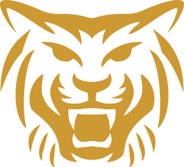 Tiger head, Stylized golden tiger face emblem suitable for branding, logos, and sports team identifiers.