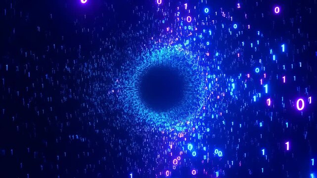 Digital vortex of binary code with neon blue and pink lights