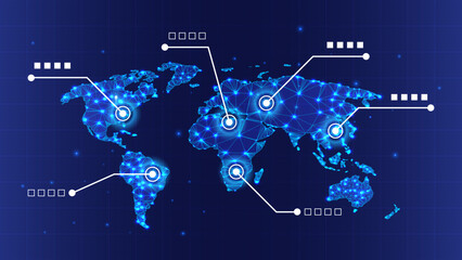 World Map Technology Network Connection – Futuristic Global Target Location Vector with Glowing Lines and Points for Infographic and Web Interface Design
