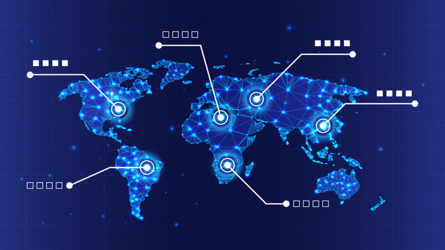 World Map Technology Network Connection &ndash; Futuristic Global Target Location Vector with Glowing Lines and Points for Infographic and Web Interface Design