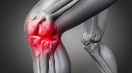A digital rendering depicting a human knee joint experiencing pain. The area is highlighted in red, symbolizing discomfort and potential injury, ideal for health-related themes.