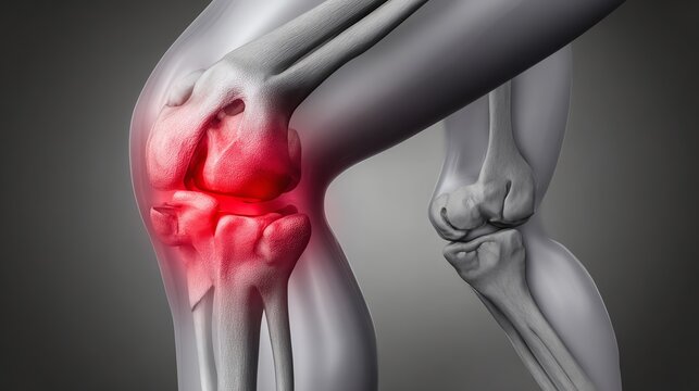 A digital rendering depicting a human knee joint experiencing pain. The area is highlighted in red, symbolizing discomfort and potential injury, ideal for health-related themes.