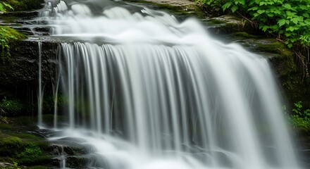 Fototapeta premium Cascading Waterfall in Lush Green Forest - A Serene Natural Landscape.