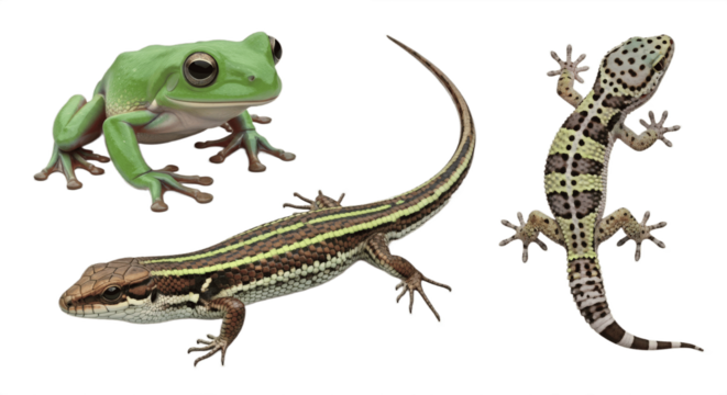 Set of Three Reptile and Amphibian Species – Frog, Lizard, and Gecko Isolated on White Background – Diverse Wildlife Collection Showcasing Exotic, Cold-Blooded Creatures for Nature and Educational Use