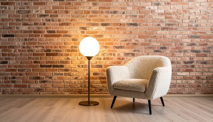 Room with chair, lamp, brick background