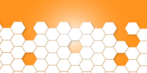 Seamless white geometric hexagon pattern on light orange background. Simple abstract background. Abstract 3D rendering of a textured surface composed of numerous white hexagons. Simple background.