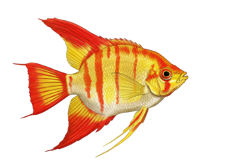 Isolated tropical angelfish, freshwater fish, with red fins and stripes, side view, illustration