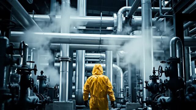 Man in hazmat suit at a chemical plant, investigating an industrial accident with steam and complex piping footage.