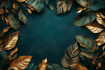 Elegant Gold Botanical Wedding Frame on Teal Background