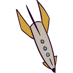 Retro Style Cartoon Rocket Ship Flying Upwards with Yellow Fins and Blue Circular Windows on a Transparent Background