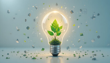 light bulb with green leaves