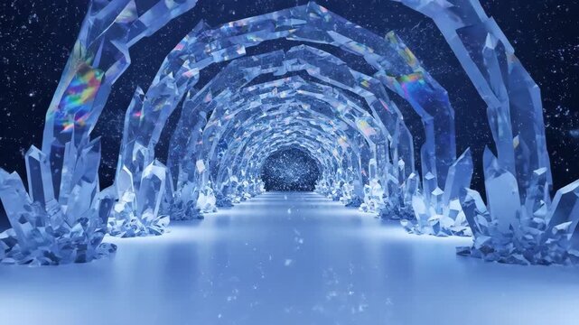Enchanting Ice Tunnel with Sparkling Crystals and Frozen Pathway.