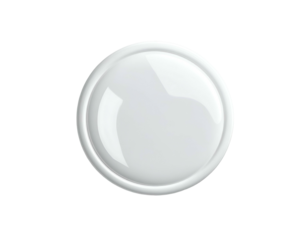 A glossy, round, white tracking device with a silver rim, centered on black