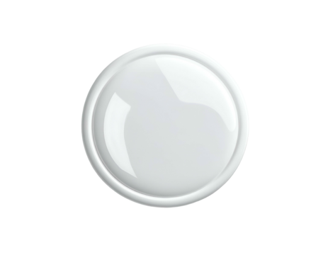 A glossy, round, white tracking device with a silver rim, centered on black