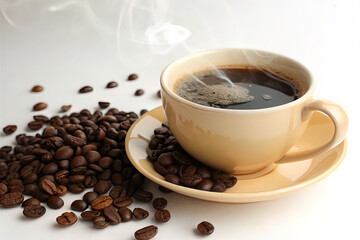 Obraz premium Steaming white cup of coffee on elegant minimalist background with coffee beans.
