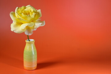 A single yellow rose in a colorful ceramic vase stands against a bright orange background, creating a vibrant and cheerful composition.