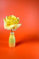A single yellow rose in a colorful ceramic vase stands against a bright orange background, creating a vibrant and cheerful composition.