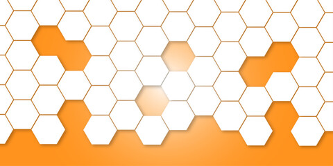 Seamless white geometric hexagon pattern on light orange background. Simple abstract background. Abstract 3D rendering of a textured surface composed of numerous white hexagons. Simple background.