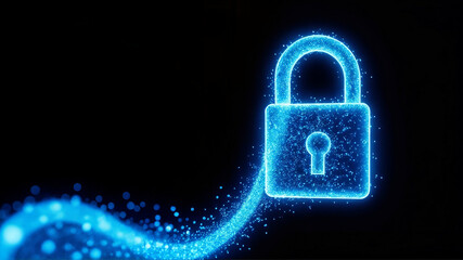 Digital glowing padlock hologram symbolizing cybersecurity, data protection, online privacy, and secure technology in futuristic blue network background for tech innovation concept