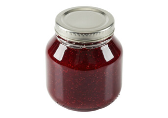 Isolated Mason jar filled with homemade raspberry jam in glass container sealed with metal lid