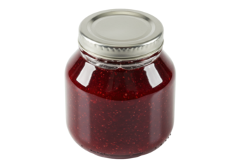 Isolated Mason jar filled with homemade raspberry jam in glass container sealed with metal lid